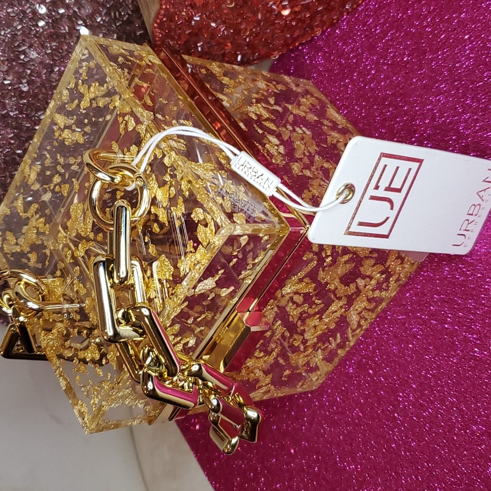 🎉HP🎉Urban Expressions 💜NWT💜 Acrylic Gold Foil Box Bag & Gold Chain Handle! - Picture 4 of 15